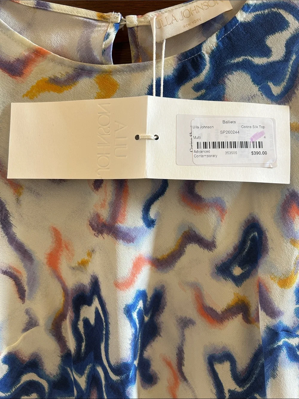 Ulla Johnson Cream Silk Blouse with Blue, Yellow & Pink Abstract Print